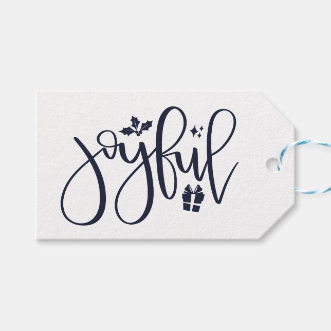 Elegant Joyful Navy Blue Script Holiday Geschenkanhänger (Vorderseite (Horizontal))