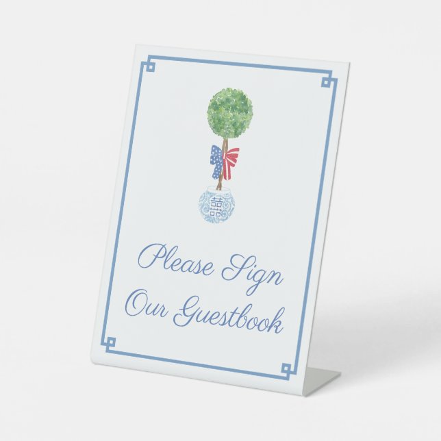 Elegant July 4. Boxwood Polterabend Gästebuch Sockelschild (Vorderseite)