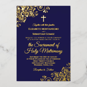 Elegant katholische Hochzeit Navy Blue & Gold Folieneinladung
