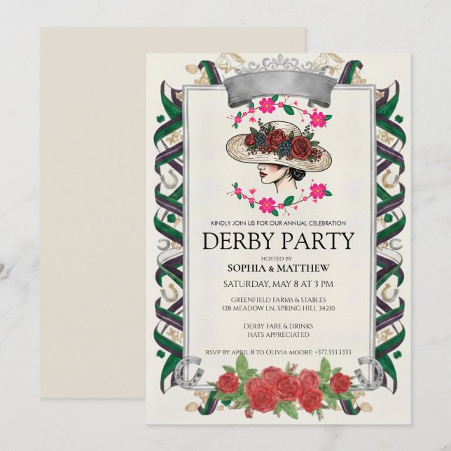 Elegant Kentucky Derby Party Floral Invitation Einladung (Vorne/Hinten)