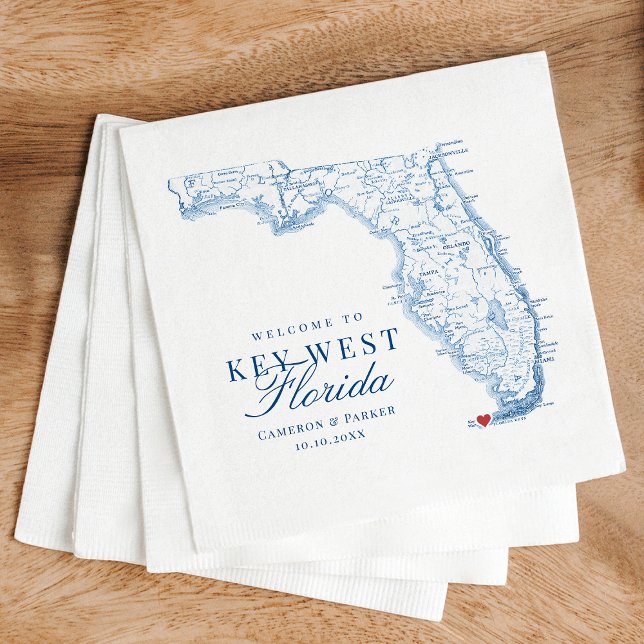 Elegant Key West Florida Map Wedding Serviette (Elegant Welcome to Key West FL Wedding napkins with navy blue Florida Map from Coastal Map Designs)