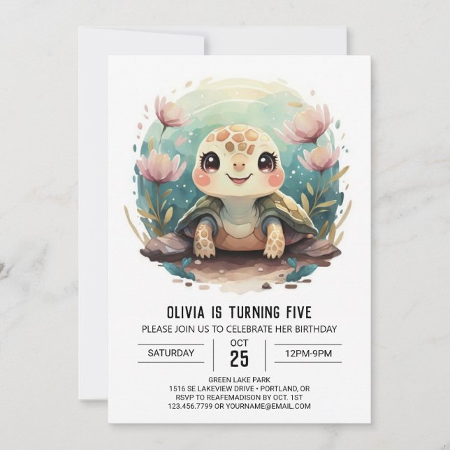 Elegant Kids Turtle Girl Birthday Einladung (Vorderseite)