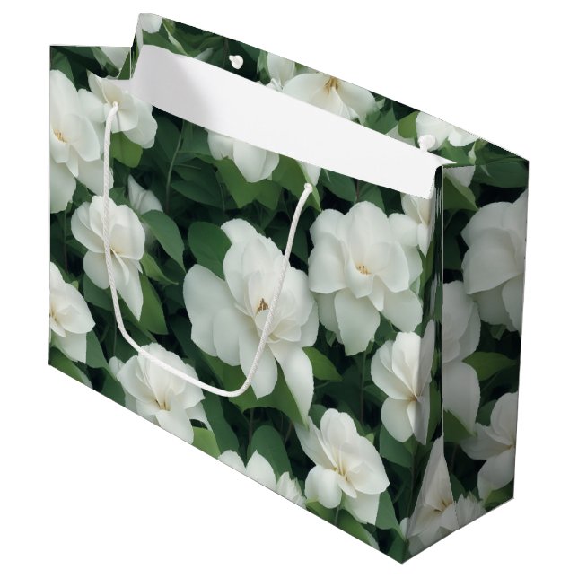 Elegant klassisch grün botanisch weiß Blüte Große Geschenktüte (Vorderseite Schrägansicht)