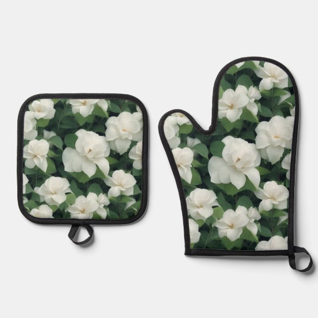 Elegant klassisch grün botanisch weiß Blüte Ofenhandschuh & Topflappen-Set (Vorderseite)