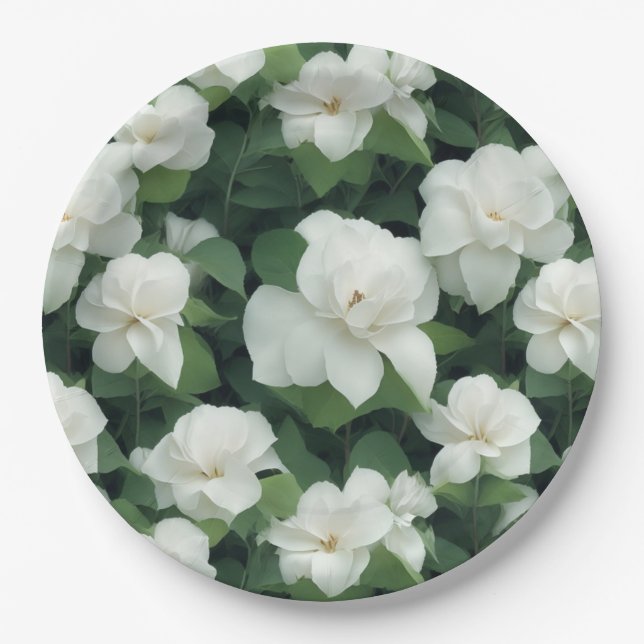Elegant klassisch grün botanisch weiß Blüte Pappteller (Vorderseite)