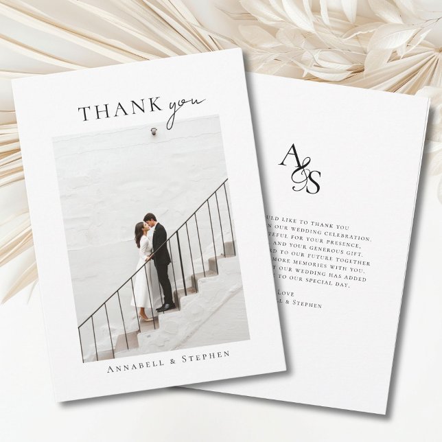 Elegant, klassisch, Monogram, danke! 1 FOTO Dankeskarte (Elegant, classic, monogram, -white-black, wedding 1 photo "Thank you" card.)