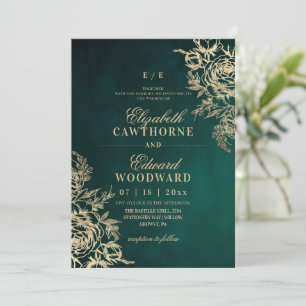 Elegant klassisch smaragdgrün goldene Blumenhochze Einladung