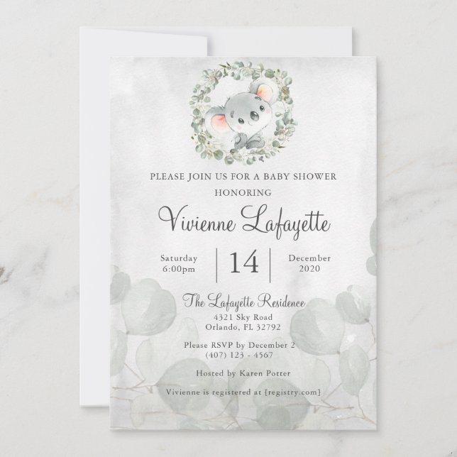 Elegant Koala Eucalyptus Leaf Foliage Baby Shower Einladung (Vorderseite)