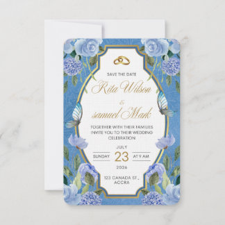Elegant königsblaues Floral und Gold Save The Date