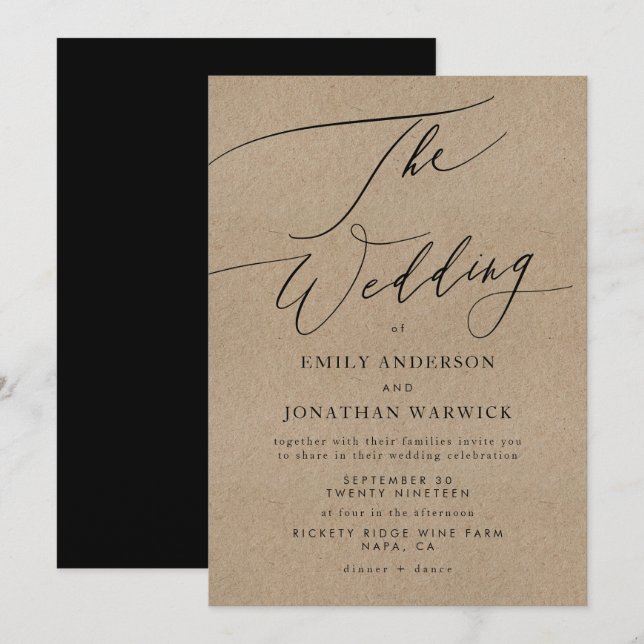 Elegant Kraft Calligraphy Modern Black Wedding Einladung (Vorne/Hinten)