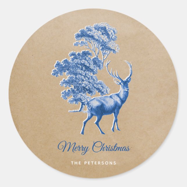 Elegant Kraft Paper Blue Dee in Forest Runder Aufkleber (Vorderseite)