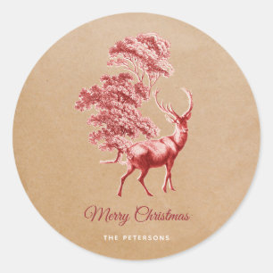 Elegant Kraft Paper Red Deer in Forest Runder Aufkleber