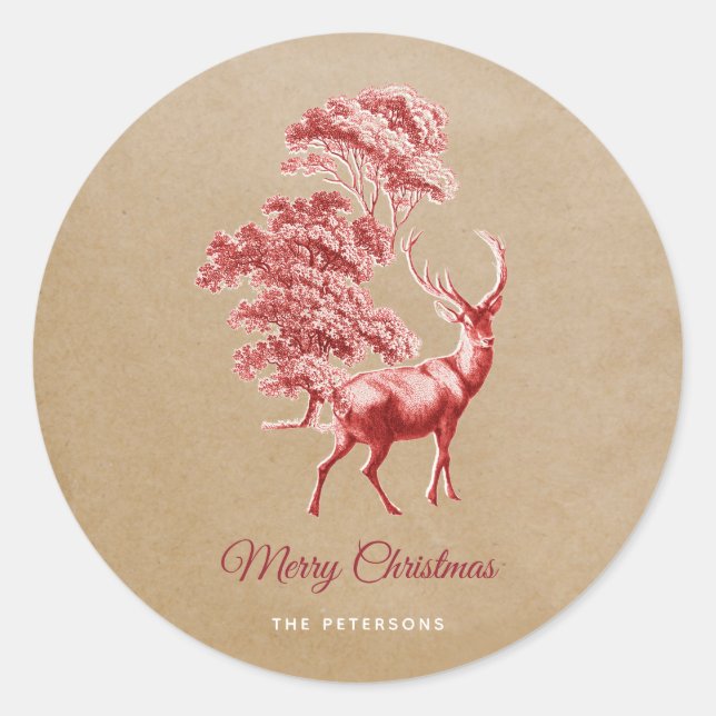 Elegant Kraft Paper Red Deer in Forest Runder Aufkleber (Vorderseite)