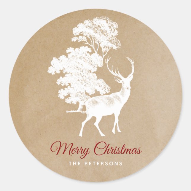 Elegant Kraft Paper White Dee in Forest Runder Aufkleber (Vorderseite)