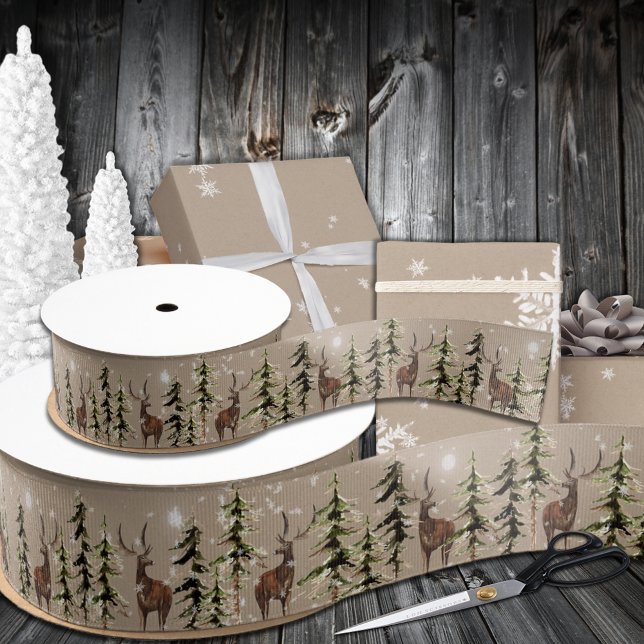 Elegant Kraft Winter Woodland Spruce Reindeer 1,5" Ripsband (Elegant Kraft Winter Woodland Spruce Reindeer 1.5" Grosgrain Ribbon In 1.5 & 3 Inch Widths)