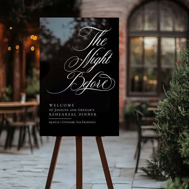 Élégant La Nuit Avant Le Dîner De Répétition (Black Rehearsal Dinner Welcome Sign)