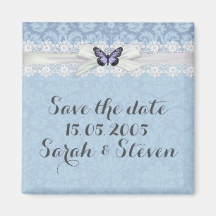 Elegant Lace Blue Butterfly Damask Save the Date Magnet