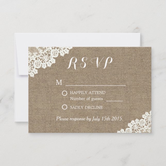 Elegant Lace Corner Burlap Wedding RSVP (Vorderseite)