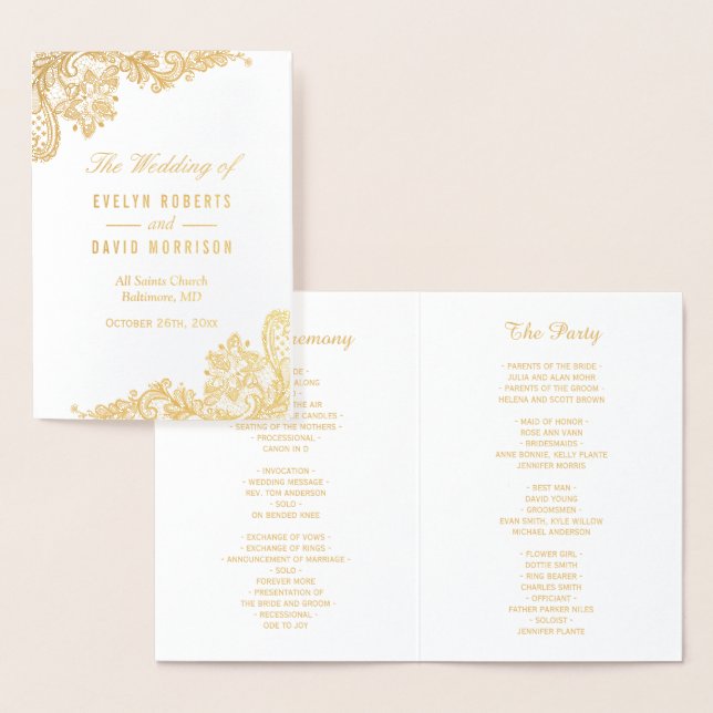 Elégant Lace Floral Real Gold Foil Programme de ma (Affichage)