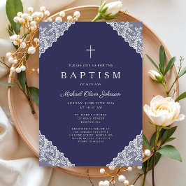 Elegant Lace Navy Blue Baby Boy Baptism Einladung