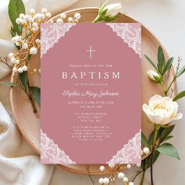 Elegant Lace Pink Baby Girl Baptism Einladung
