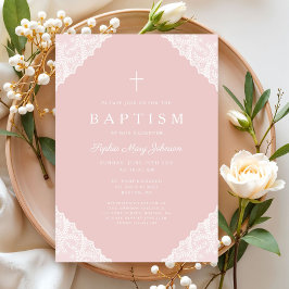 Elegant Lace Pink Baby Girl Baptism Einladung