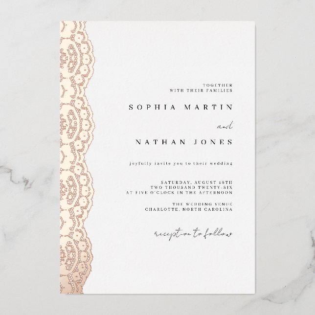 Elegant Lace Real Rose Gold Foil Wedding  Folieneinladung (Vorderseite)