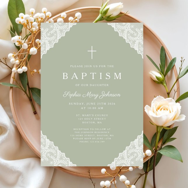Elegant Lace Sage Green Baptism Einladung (Elegant Lace Sage Green Baptism Invitation)