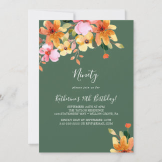 Elegant lackierte Blumen 90. Geburtstag Einladung