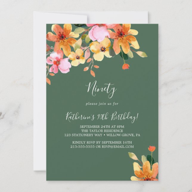 Elegant lackierte Blumen 90. Geburtstag Einladung (Vorderseite)