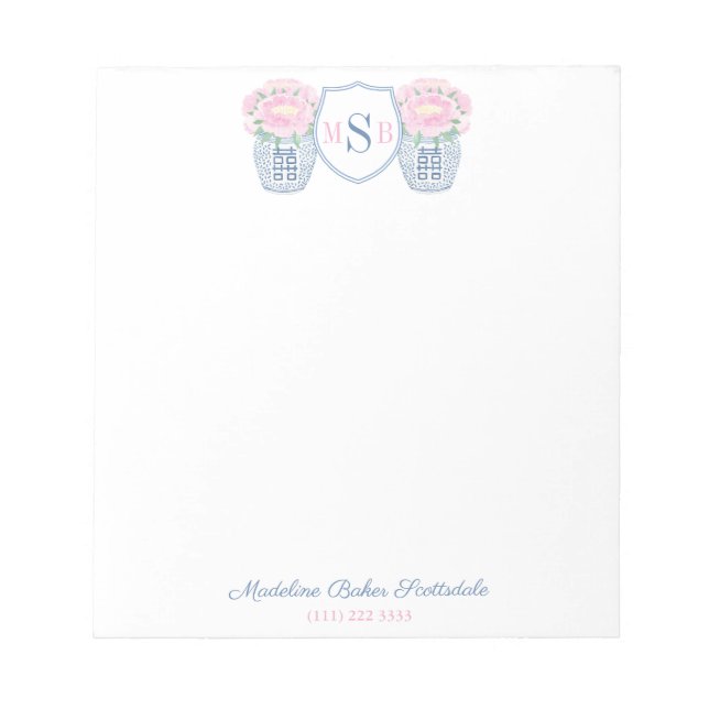 Elegant Ladys Pink Peonies Navy Blue Monogram Notizblock (Vorderseite)