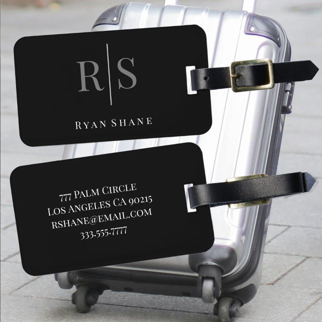 Elegant Large Gray Monogram White Name Info, Black Gepäckanhänger (Von Creator hochgeladen)