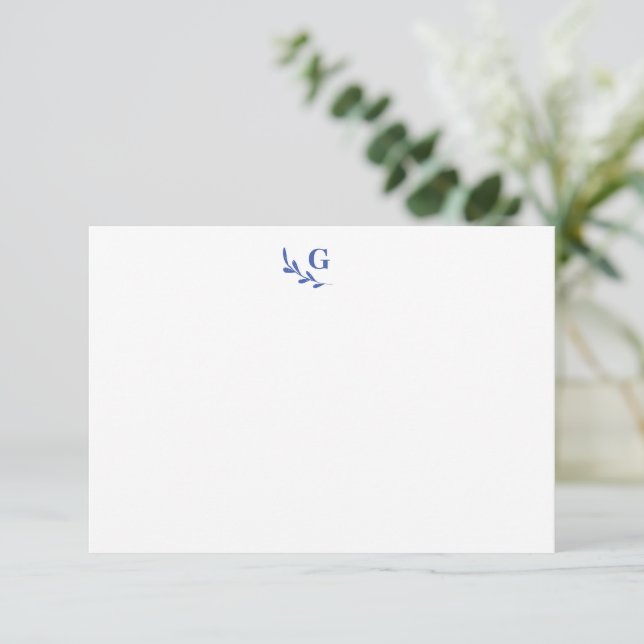 Elegant Laurel Monogram Blue Chic Flat Mitteilungskarte (Stehend Vorderseite)