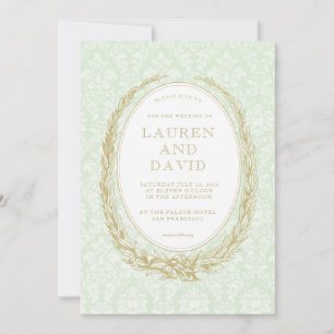 Elegant Laurel Wreath   Green Damask Einladung