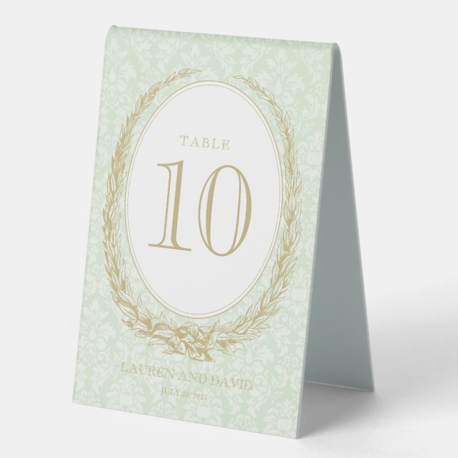 Elegant Laurel Wreath | Green Damask Tischaufsteller (Vorderseite)
