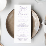 Elegant Lavender Bow Wedding Menükarte<br><div class="desc">Erstellen Sie mit diesem Lavendel-Ehemenü eine traumhafte und skurrile Tafelschau. Ein handgezeichnet Bogen im Lavendel steht über dem Wort "Menü", das in anmutiger Kalligraphie geschrieben ist und einen romantischen Ton setzt. Passen Sie Ihre Namen, Ihr Hochzeitsdatum und Ihre Dinner-Details an, um Ihren persönlichen, gepflegten Look zu erhalten. Dieses Design eignet...</div>