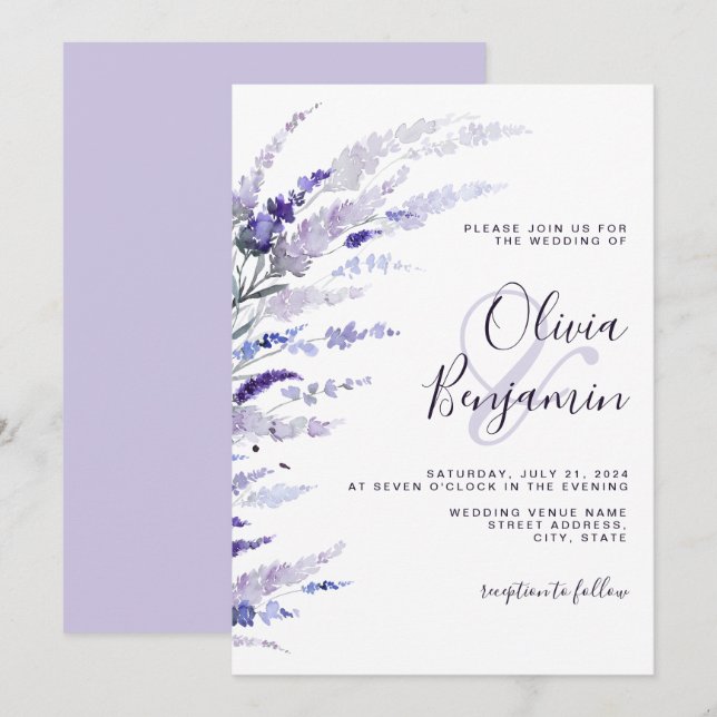 Elegant Lavender Dusty Lila Floral Lilac Wedding Einladung (Vorne/Hinten)