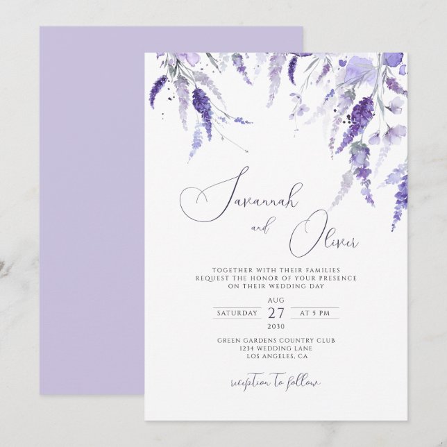 Elegant Lavender Dusty Lila Floral LilacWedding Einladung (Vorne/Hinten)