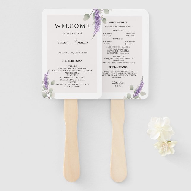 Elegant Lavender Eucalyptus Blätter Wedding Progra Fächer (Vorne und Hinten)