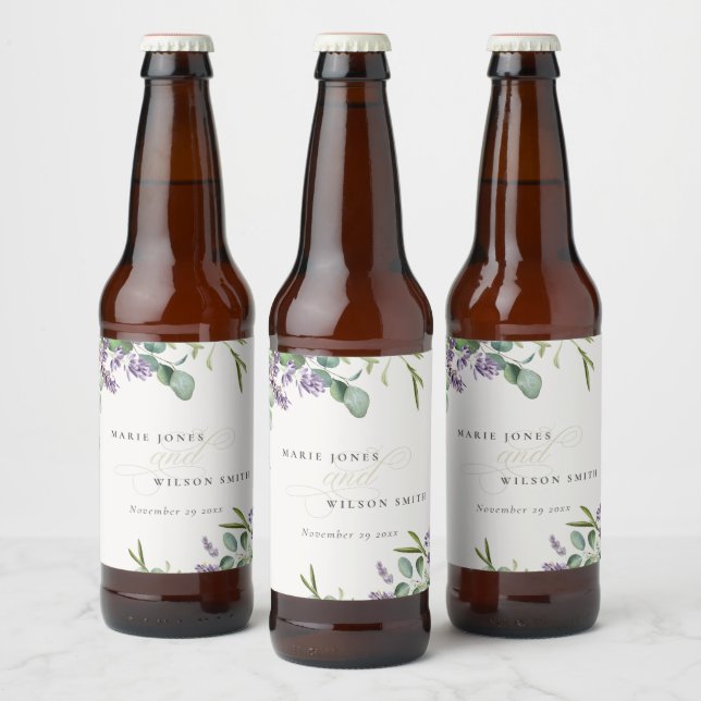 Elegant Lavender Eucalyptus Leafy Foliage Wedding Bierflaschenetikett (Flaschen)