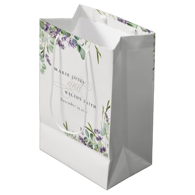 Elegant Lavender Eucalyptus Leafy Foliage Wedding Mittlere Geschenktüte (Vorderseite Schrägansicht)
