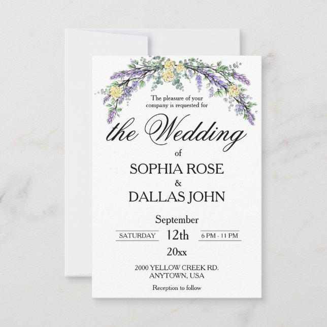 Elegant Lavender Eukalyptus Gelbe Rosen Hochzeit Einladung (Vorderseite)