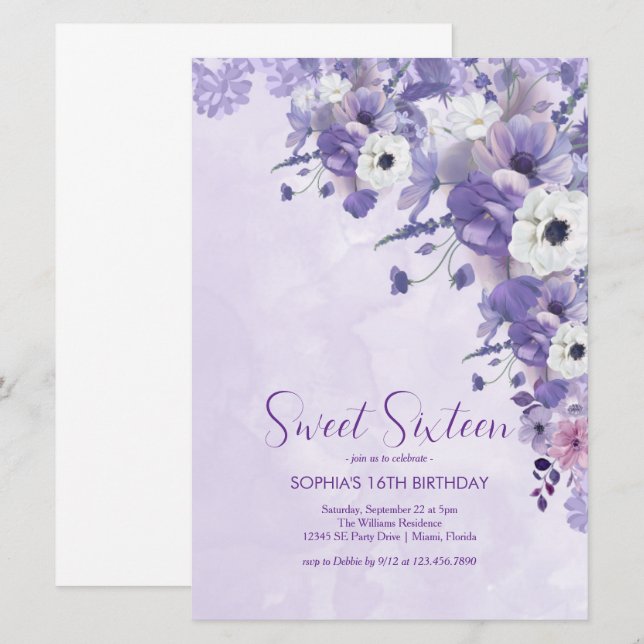Elegant Lavender Floral 16 . Geburtstag Einladung (Vorne/Hinten)