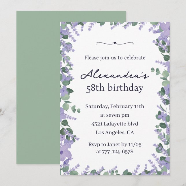 Elegant Lavender Floral Frame 58. Geburtstag Einladung (Vorne/Hinten)