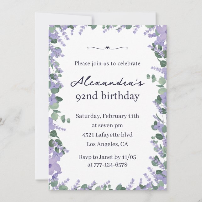 Elegant Lavender Floral Frame 92. Geburtstag Einladung (Vorderseite)