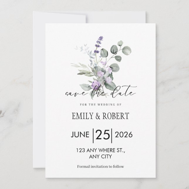 Elegant Lavender Floral Minimalist Save the Date (Vorderseite)