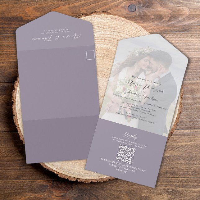 Elegant Lavender Lilac Calligraphy Foto All In One Einladung (Elegant lilac lavender all in one photo wedding invitation with QR Code)