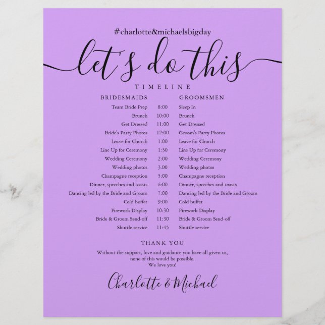 Elegant Lavender Lilac Wedding Zeitplan Timeline (Vorderseite)