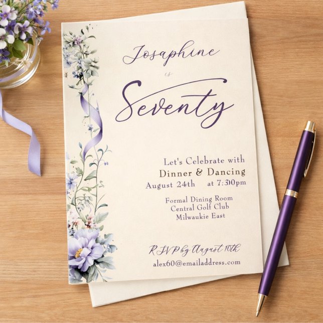 Elegant Lavender Wildflower Script 70th Birthday Einladung (Von Creator hochgeladen)