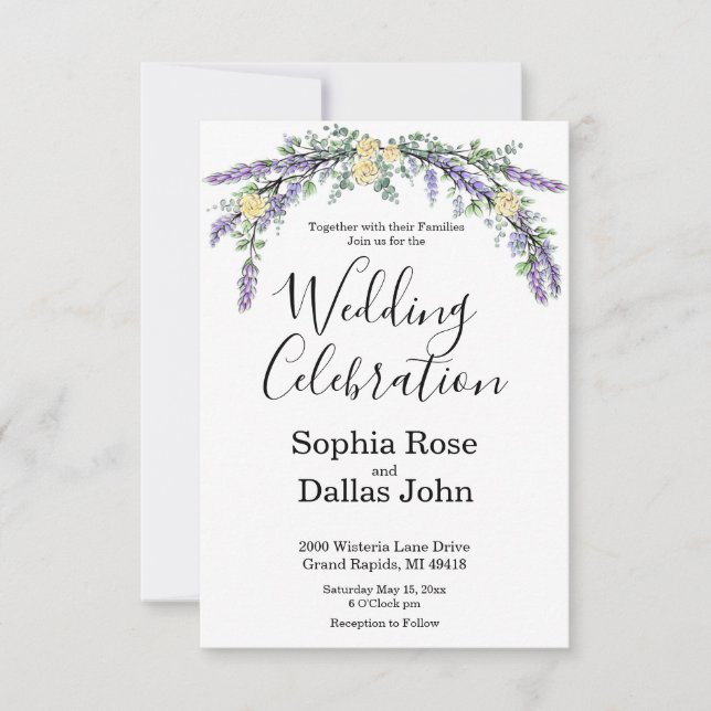 Elegant Lavender Yellow Rose Eukalyptus Hochzeit Einladung (Vorderseite)